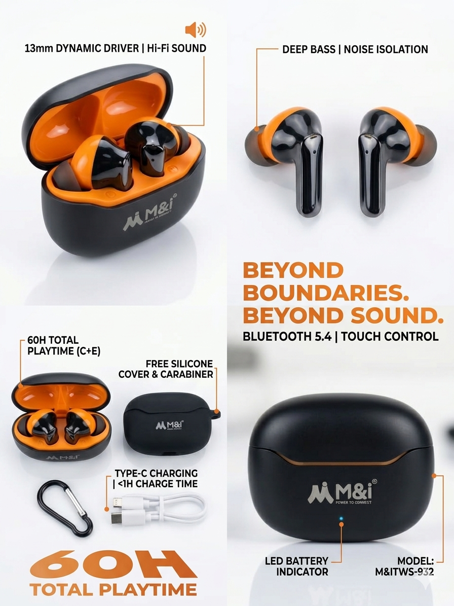 M&I M Pods Series TWS-932 Wireless Earbuds - 60H Playtime, 13mm Driver, Bluetooth 5.4 + Free Silicone Cover & Carabiner