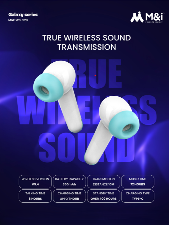 M&I Galaxy Series TWS-928 Wireless Earbuds - 72 Hours Playtime, In-Ear Detection, Hi-Fi Sound
