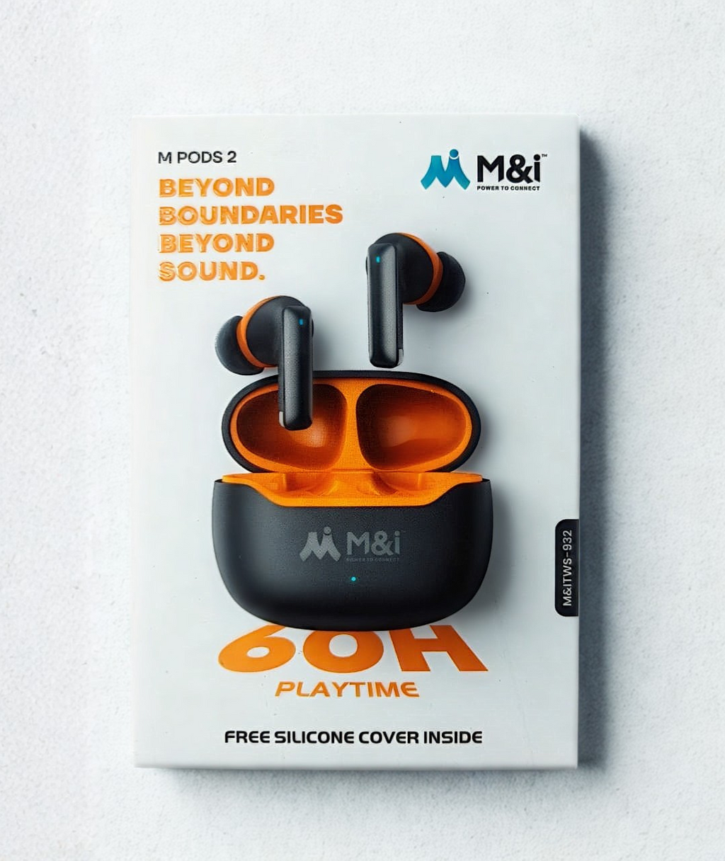M&I M Pods Series TWS-932 Wireless Earbuds - 60H Playtime, 13mm Driver, Bluetooth 5.4 + Free Silicone Cover & Carabiner