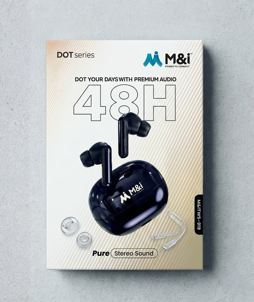 M&i DOT Series TWS-919 Wireless Earbuds – 48H Total Playtime, Bluetooth 5.4, Pure Stereo Sound with Deep Bass, Touch Controls & IPX5 Water Resistance (Includes Free Silicone Case & Carabiner)