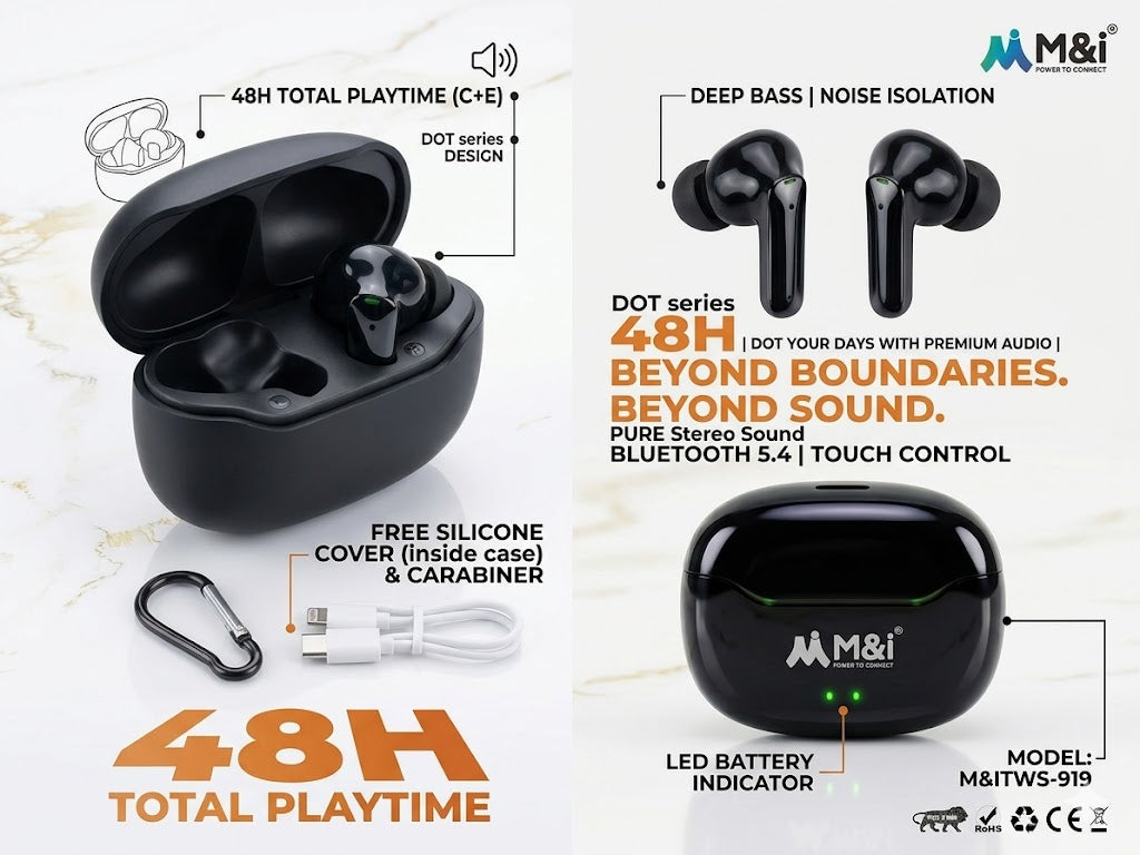 M&i DOT Series TWS-919 Wireless Earbuds – 48H Total Playtime, Bluetooth 5.4, Pure Stereo Sound with Deep Bass, Touch Controls & IPX5 Water Resistance (Includes Free Silicone Case & Carabiner)