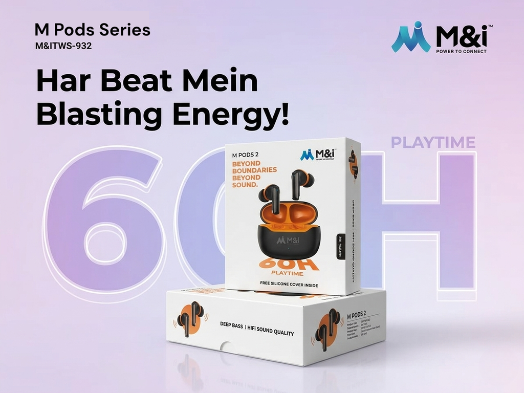 M&I M Pods Series TWS-932 Wireless Earbuds - 60H Playtime, 13mm Driver, Bluetooth 5.4 + Free Silicone Cover & Carabiner